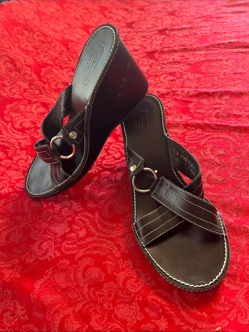 Coach Black Wedge Slide Sandals Ring Accent Made in Italy Women's US 9.5